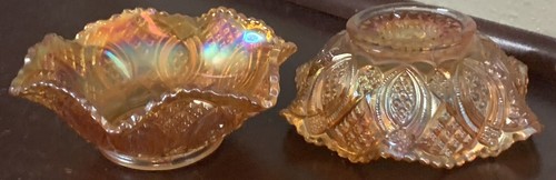 2 VINTAGE IMPERIAL CARNIVAL GLASS MARIGOLD RUFFLED BOWLS Diamond Ring Cut Dish - Picture 12 of 12