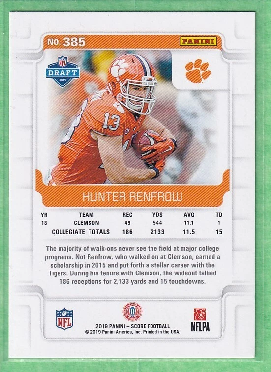 2019 Score #385 Hunter Renfrow Clemson Tigers Rookie - Image 2 of 2