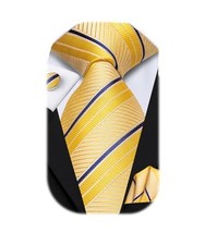 Mens Paisley Striped Tie and Handkerchief Cufflinks Tie Set for Lemon Yellow