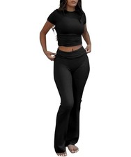 Two Piece Lounge Sets for Women Fold Over Flare Pants Short Sleeve Crop Top Y...