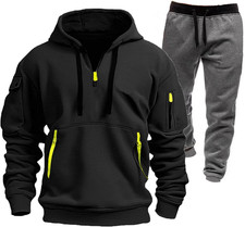 Men's Winter Fleece Hoodie  Multi Pocket Sweatpants 2-Piece Set, Black  Gray