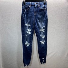 American Eagle Curvy Hi-Rise Jegging Distressed Jeans Womens 00 Blue Denim 2771