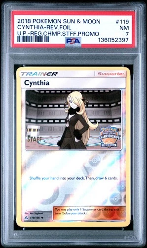 2018 POKEMON SUN & MOON ULTRA PRISM #119 CYNTHIA-REVERSE FOIL PSA 7