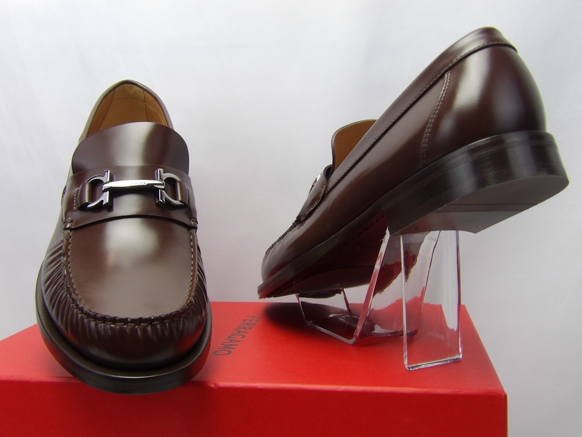 NIB FERRAGAMO BROWN LEATHER FORT GANCINI BIT LOGO LOAFERS 11  display picture 3
