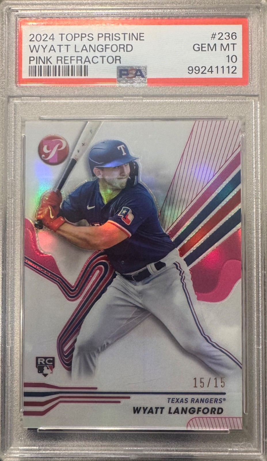 2024 Topps Pristine Wyatt Langford Rookie Encased Pink Refractor 15/15 PSA 10