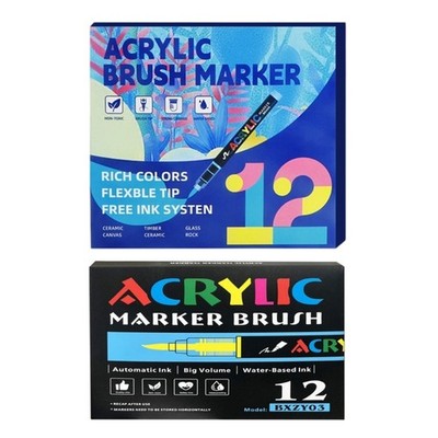 12 Color Acrylic Paint Pen Brush Tip for Journaling Drawing on Paper Stone Rock