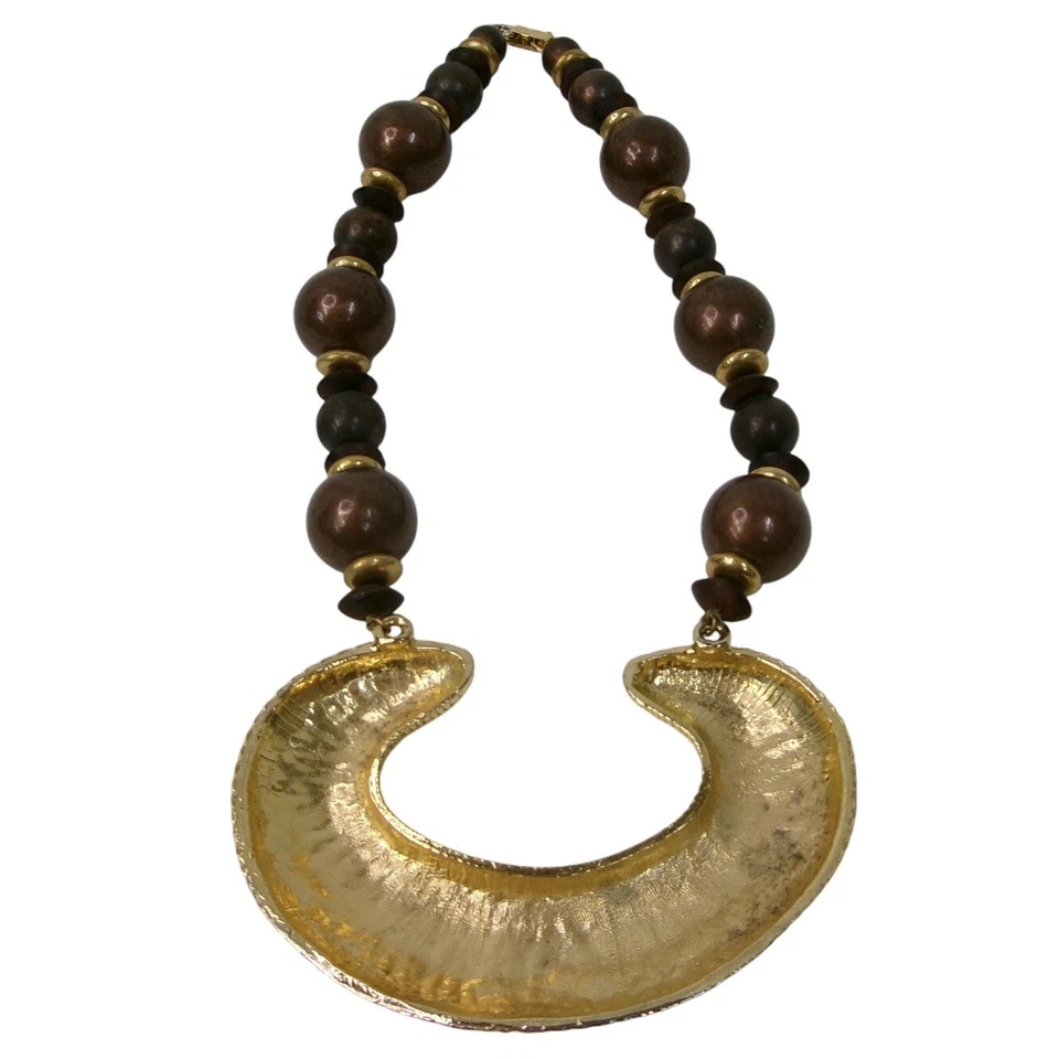 Collar llamativo vintage colgante de oro cuentas de madera audaz boho chic joyería Foto 4 de 4