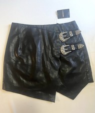 Forever 21 Black Vegan Leather Mini Skirt L Moto Biker Silver Buckle Y2K Goth