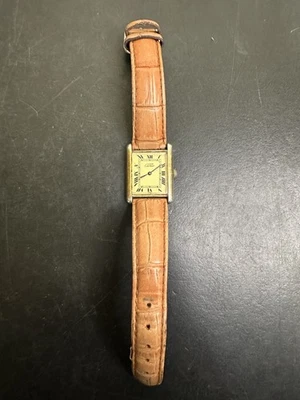 Must de Cartier Tank Vermeil Sterling Silver Case Gold Plating Leather Strap