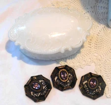 Art Nouveau Purple Glass Button Lot of 3 Bronze Copper Buttons w/Milk Glass Box