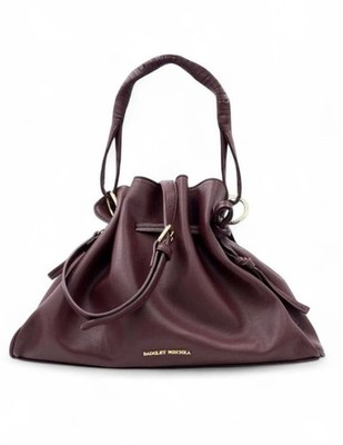 Badgley Mischka Bucket Drawstring Shoulder Bag Burgundy Gold, Detachable Strap