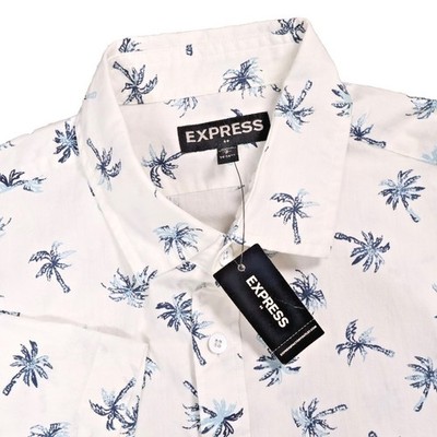 NEW Express Palm Tree Print Button Up Shirt White Short Sleeve Mens Size Small