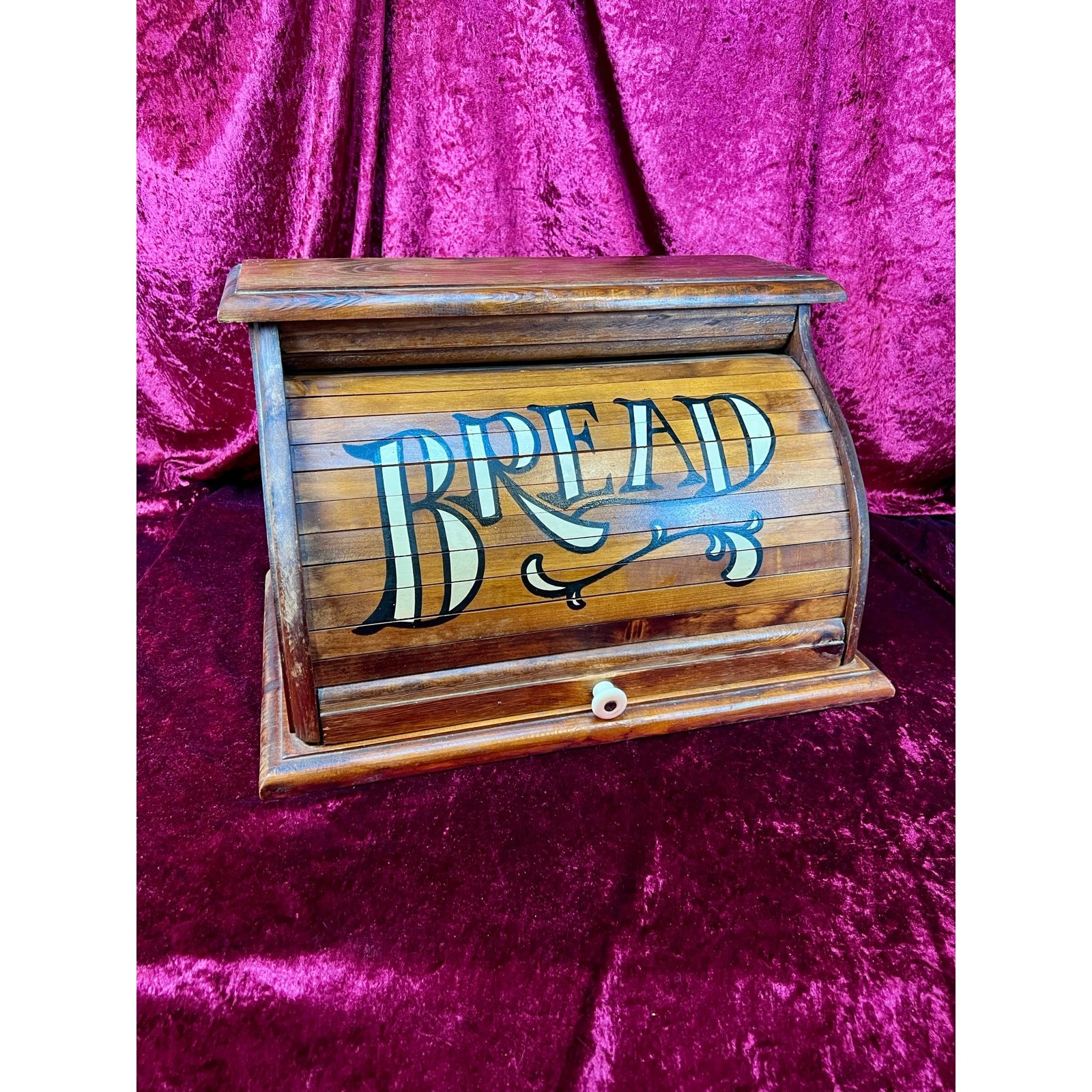 Vintage Farmhouse Style Wooden Roll Top Bread Box Hand Painted Folk Art Kitchen