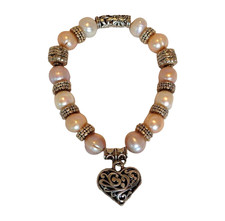 Real Pearl Bracelet 10mm Freshwater Beaded Stretch Heart Charm Boho Gift Women