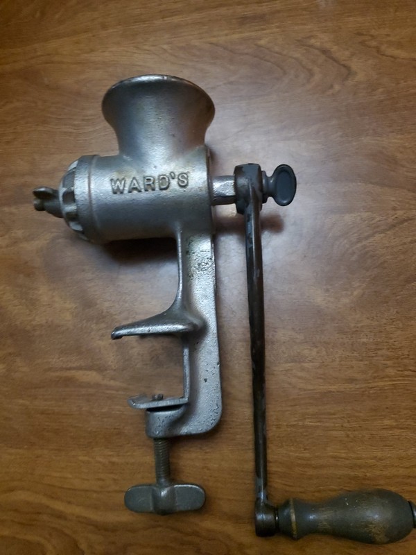 Antique Ward’s meat grinder Large Metal Cast With Table Clamp Wood Handle
