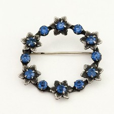 Vintage Light Blue Rhinestone Flower Wreath Silver Tone Brooch Pin