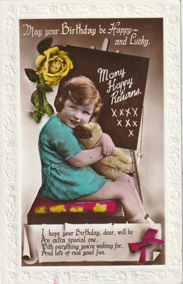 Postcard Birthday - Girl with Soft Toy -