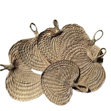 Hand Woven Straw Palm Leaf Wicker Rattan Hand Fan Spade/Heart Shape Boho 6 Pcs