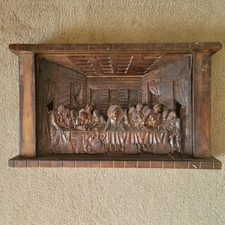 Vintage Hand Carved 3D Relief The Last Supper Jesus 12 Deciples 26x15x4.5in