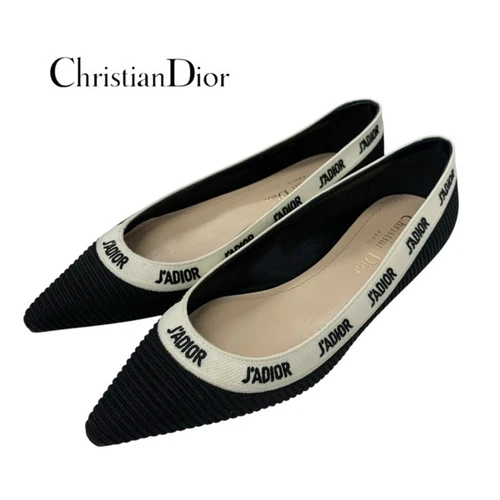 Escarpins Dior Christian JADIOR tissu chaussures plates noir blanc logo occasion TIEE 0