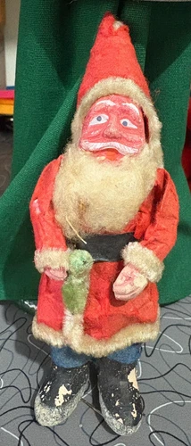 Vintage Clay Face Santa Claus Blue Cotton Pants Greenery Clay Hands Legs 5"