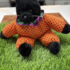 Vintage Black Orange Cat Plush, Halloween Kitty Stuffed Animal SHADOW Cat 10