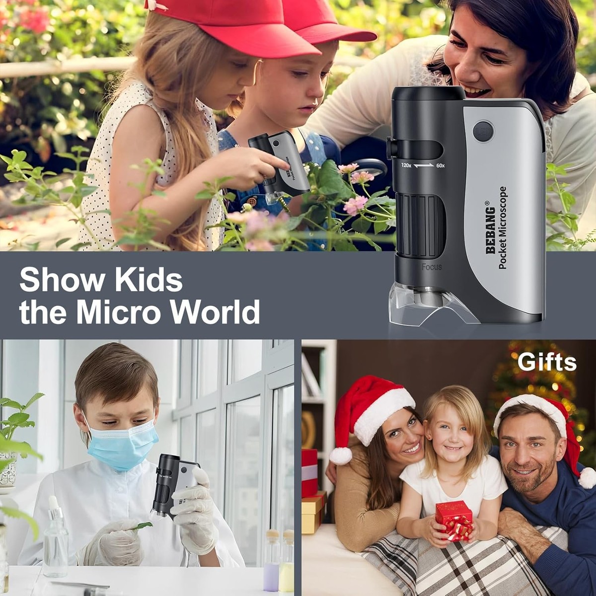 BEBANG Mini Microscope De Poche 60x-135x Pour Enfants – LED Ajustable, Portable, Avec Lames Préparées