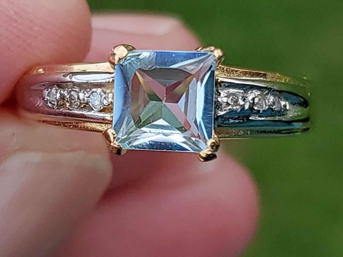 Aquamarine Labcreated Princess Cut And Diamond Ring 10kt Solid