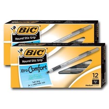 Bic Ultra Round Stic Grip Ball Point Pens, Medium Point, 1.2 mm, Black Ink 24