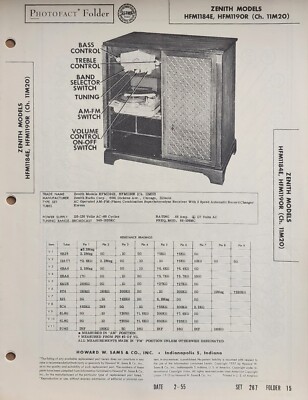 SAMS PHOTOFACT SERVICE MANUAL 267-15 ZENITH RADIO HFM1184E HFM1190R 11M20