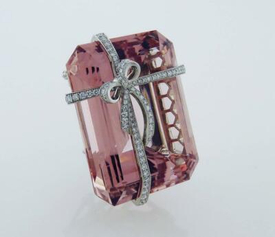 Featuring Large Soft Pink Silk Rectangular-Cut 100.0CT Morganite Ribbon Brooch