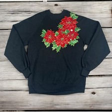 VTG Jerzees Christmas Sweatshirt Black Floral Women s XL Long Sleeve Grannycore