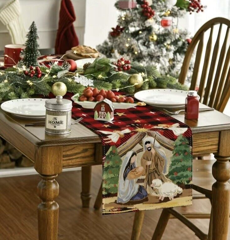 Linen Red And Black Buffalo Check Plaid Manger Scene Christmas Table