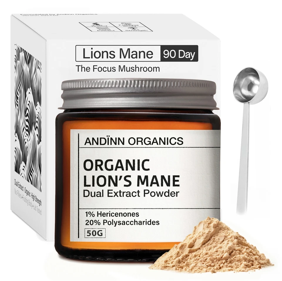 ANDINN ORGANICS Organic Lions Mane Powder | 12x Strength | 3 Month Supply | Dual Extract | 50g