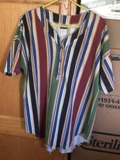 Vintage Colorful Striped “Honors” Brand V-Neck Summer Shirt. 3 Button Top Close.