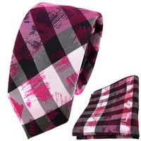 Schmale Tigertie Krawatte + Einstecktuch Pink Rosa Grau Silber Schwarz Gestreift