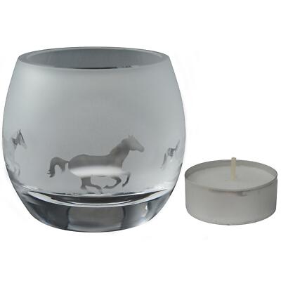 Glass Tealight Holder Galloping Horse Sandblast Candle Ornament Gift Boxed Animo