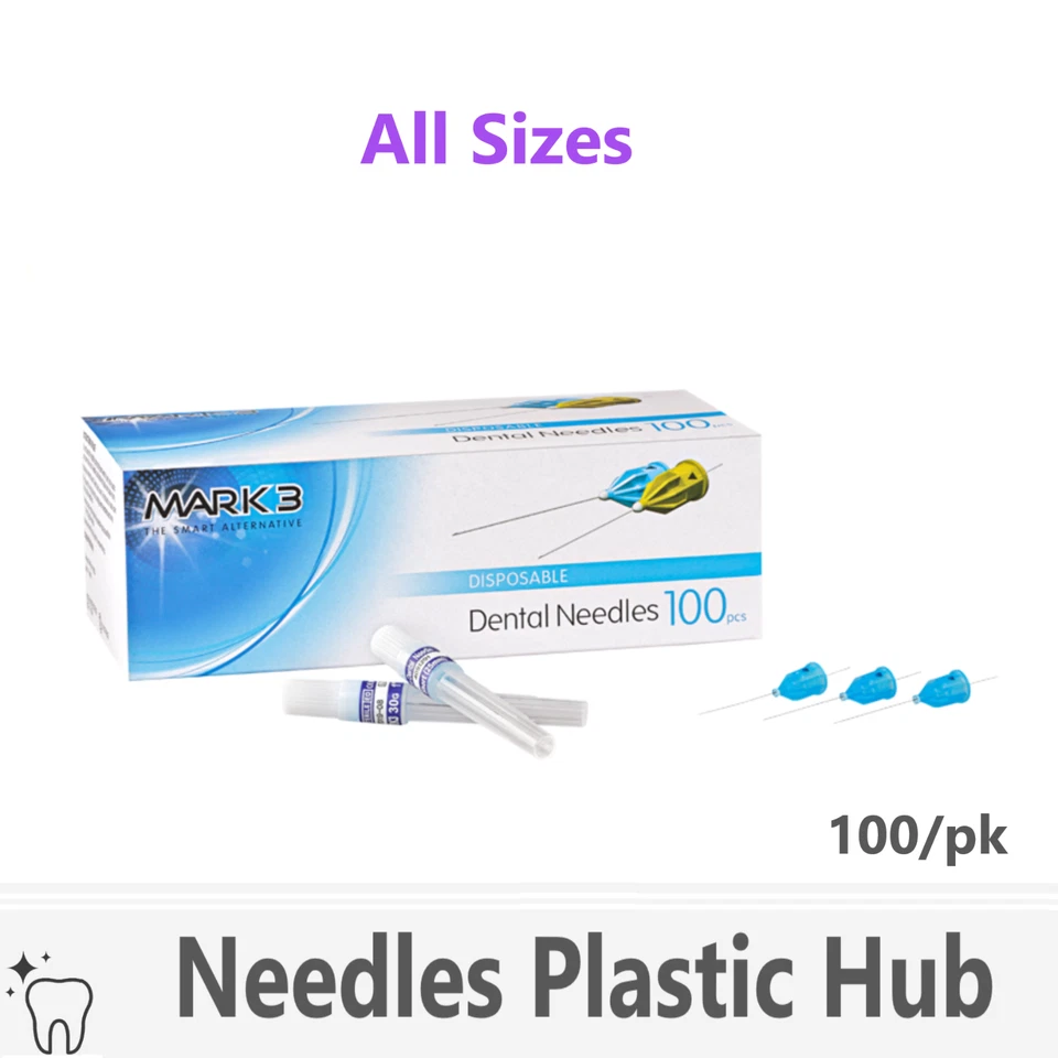 Mark3 Plastic Hub Disposable Dental Needles, All Sizes, Plastic Tips, 100/bx