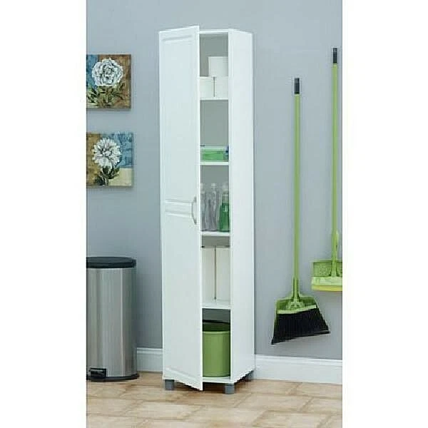 Tall Utility Storage Cabinet Narrow Cupboard Pantry Bath Garage 16” Wood  White