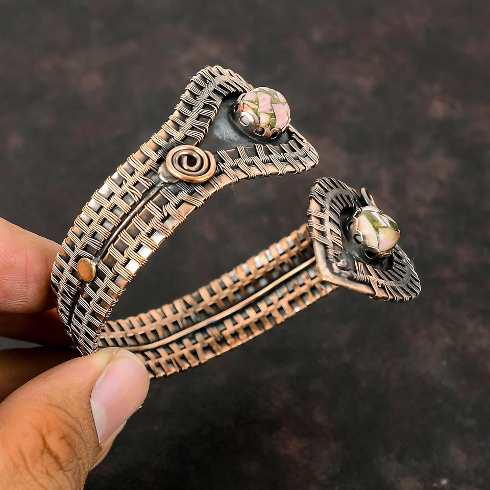 Brazalete ajustable regalo para mujer joyería brazalete envuelto en alambre cobre rosa ópalo Foto 2 de 4