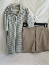 Class Club Boys Set Striped Olive Green Polo Shirt Size 10/12 Khaki Shorts 12