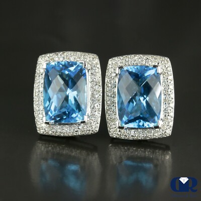 17.50 Ct Cushion Cut Blue Topaz & Diamond Earrings In 14K Gold With Omega Back