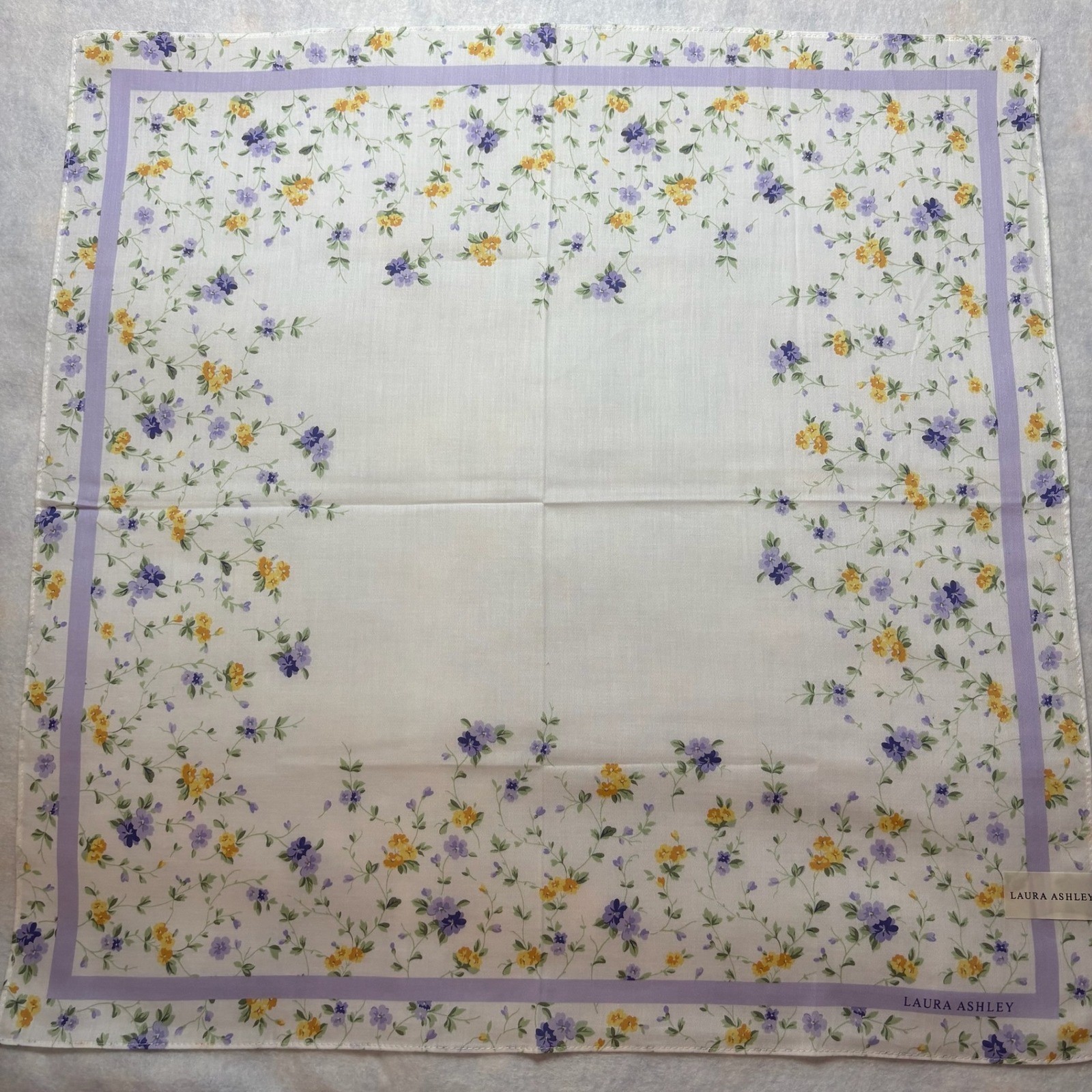 Vtg LAURA ASHLEY Scarf Handkerchief Floral Cotton White Purple Yellow 19.5