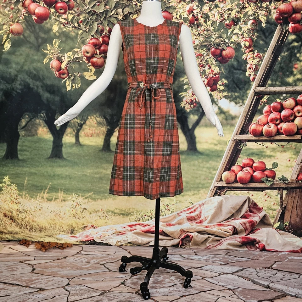 Cinto sem mangas vintage década de 1970 com pingente de lã xadrez vermelho tartan - Imagem 3 de 4