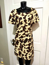 Talbots Petites 4 Ivory Brown Abstract Square Neck Lined Dress