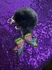 Multicolor Rhinestone Bow Black Faux Fur Pom Pom Key Chain Bling for Women
