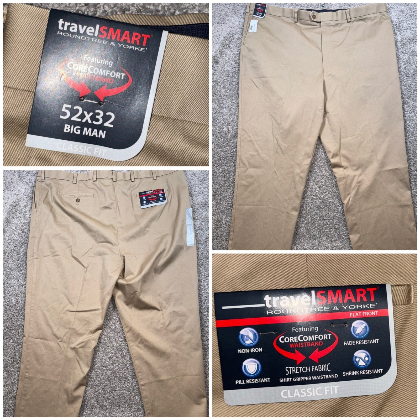 Roundtree & Yorke TravelSmart Pants Mens Big 52x32 Classic Fit Khaki Tan NEW