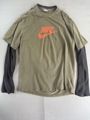 Y2k Nike Shirt Mens Large Green Long Sleeve Layered Swoosh Logo Graphic Tee