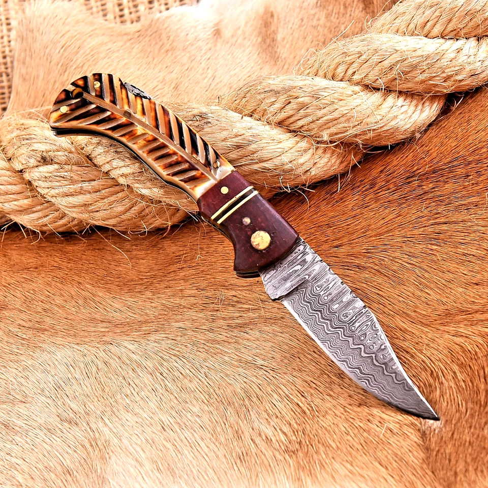 СДЕЛАННЫЙ НА ЗАКАЗ ВРУЧНУЮ КОВАНЫЙ КАРМАННЫЙ НОЖ ИЗ ДАМАССКОЙ СТАЛИ С СКЛАДНЫМ ЛЕЗВИЕМ HH-173 - Изображение 2 из 4