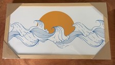 Boho Ocean Waves Sun Canvas Wall Art Print Framed Blue Mustard 59x32cm New